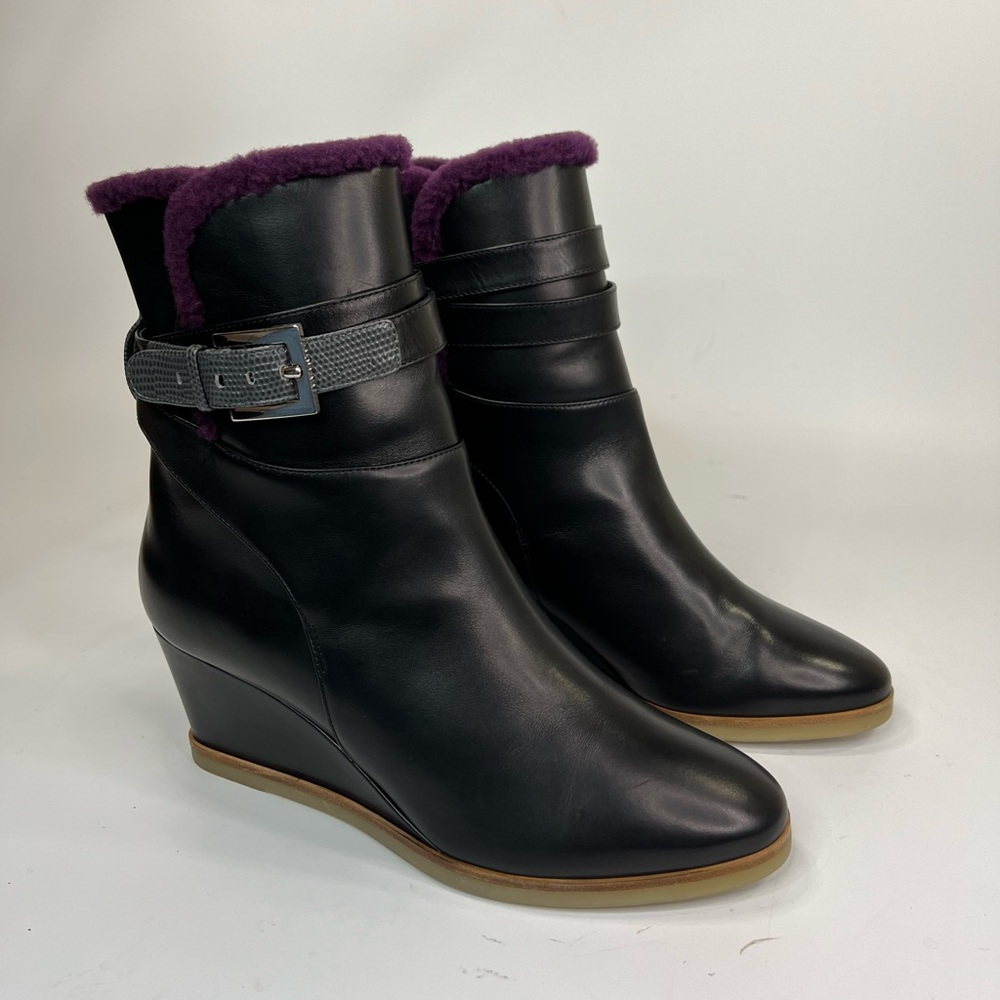 Fendi Black Leather Purple Shearling Wedge Bootie